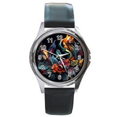Flowers Flame Abstract Floral Round Metal Watch