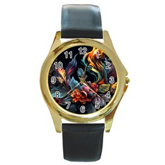 Flowers Flame Abstract Floral Round Gold Metal Watch