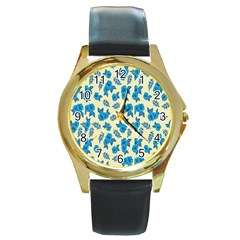 Rose Floral Seamless Pattern Round Gold Metal Watch