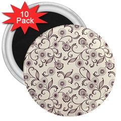 White And Brown Floral Wallpaper Flowers Background Pattern 3  Magnets (10 Pack) 