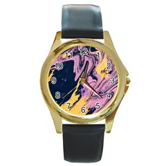 Pink Black And Yellow Abstract Painting Round Gold Metal Watch