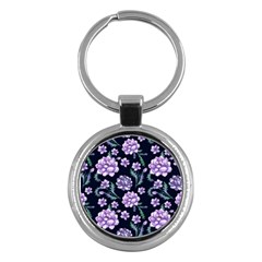 Elegant Purple Pink Peonies In Dark Blue Background Key Chain (round) by augustinet