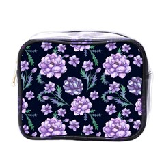 Elegant Purple Pink Peonies In Dark Blue Background Mini Toiletries Bag (one Side) by augustinet