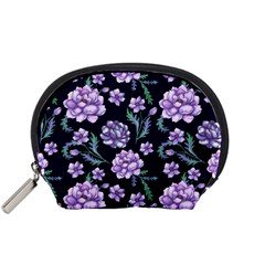 Elegant Purple Pink Peonies In Dark Blue Background Accessory Pouch (small) by augustinet