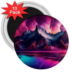 Ai Generated Mountain Ocean Lava Fire Sky Sea 3  Magnets (10 Pack)  by Pakemis