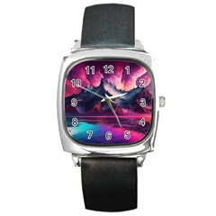 Ai Generated Mountain Ocean Lava Fire Sky Sea Square Metal Watch