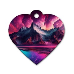 Ai Generated Mountain Ocean Lava Fire Sky Sea Dog Tag Heart (two Sides) by Pakemis