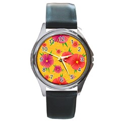 Background Flowers Floral Pattern Round Metal Watch