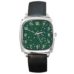 Leaves Flowers Green Background Nature Square Metal Watch