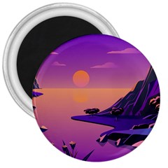 Sunset Sea Ocean Purple Pink Flowers Stone 3  Magnets