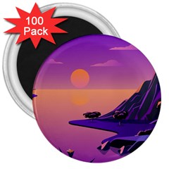 Sunset Sea Ocean Purple Pink Flowers Stone 3  Magnets (100 Pack)