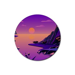 Sunset Sea Ocean Purple Pink Flowers Stone Rubber Round Coaster (4 Pack)