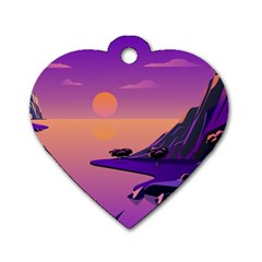 Sunset Sea Ocean Purple Pink Flowers Stone Dog Tag Heart (one Side) by Jancukart