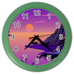 Sunset Sea Ocean Purple Pink Flowers Stone Color Wall Clock by Jancukart