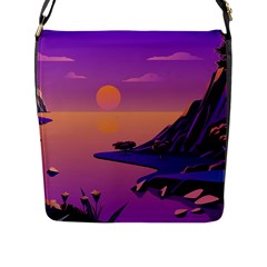 Sunset Sea Ocean Purple Pink Flowers Stone Flap Closure Messenger Bag (l) by Jancukart