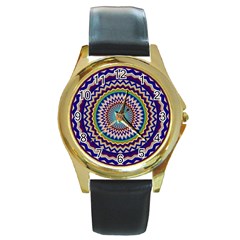 Kaleidoscope Geometric Circles Mandala Pattern Round Gold Metal Watch