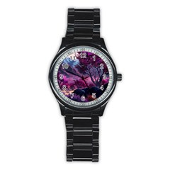 Landscape Landscape Painting Purple Purple Trees Stainless Steel Round Watch by Jancukart