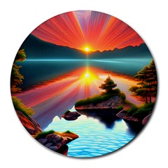 Sunset Over A Lake Round Mousepad by GardenOfOphir