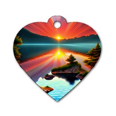 Sunset Over A Lake Dog Tag Heart (two Sides) by GardenOfOphir