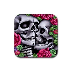 Black Skulls Red Roses Rubber Coaster (square) by GardenOfOphir