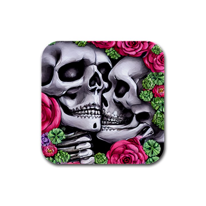Black Skulls Red Roses Rubber Square Coaster (4 pack)