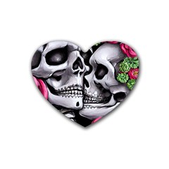 Black Skulls Red Roses Rubber Coaster (heart) by GardenOfOphir