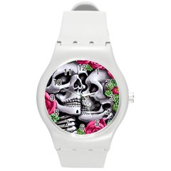 Black Skulls Red Roses Round Plastic Sport Watch (m)