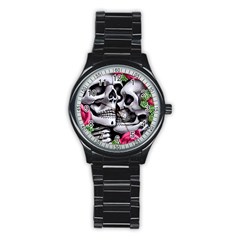 Black Skulls Red Roses Stainless Steel Round Watch by GardenOfOphir