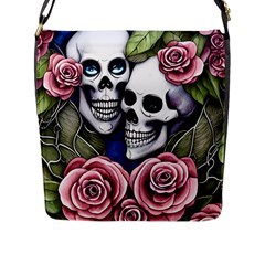 Skulls And Flowers Flap Closure Messenger Bag (l) by GardenOfOphir