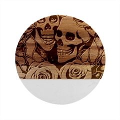 Skulls And Flowers Marble Wood Coaster (round) by GardenOfOphir