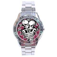 Black And White Rose Sugar Skull Stainless Steel Analogue Watch