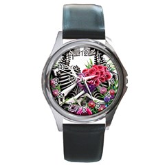 Gothic Floral Skeletons Round Metal Watch by GardenOfOphir