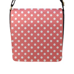 Coral And White Polka Dots Flap Closure Messenger Bag (l) by GardenOfOphir