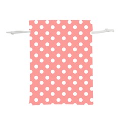 Coral And White Polka Dots Lightweight Drawstring Pouch (l) by GardenOfOphir
