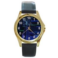 Screen Glitch Broken  Crack  Fracture  Glass Pattern Round Gold Metal Watch by Sapixe