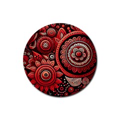 Bohemian Vibes In Vibrant Red Rubber Round Coaster (4 Pack) by HWDesign