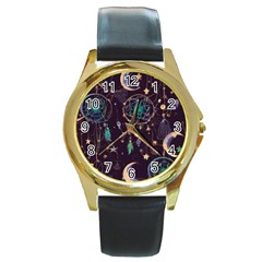 Bohemian  Stars, Moons, And Dreamcatchers Round Gold Metal Watch by HWDesign