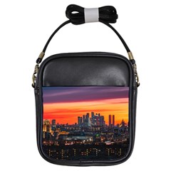 Downtown Skyline Sunset Buildings Girls Sling Bag by Ravend