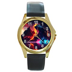 Mountain Color Colorful Love Art Round Gold Metal Watch