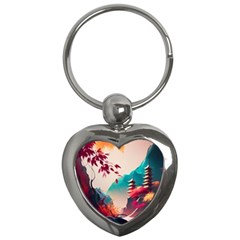 Asia Japan Pagoda Colorful Vintage Key Chain (heart) by Ravend
