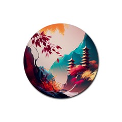 Asia Japan Pagoda Colorful Vintage Rubber Round Coaster (4 Pack)