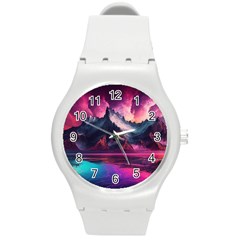 Ai Generated Mountain Ocean Lava Round Plastic Sport Watch (m) by Ravend