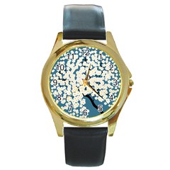 Flower Flora Decoration Pattern Round Gold Metal Watch