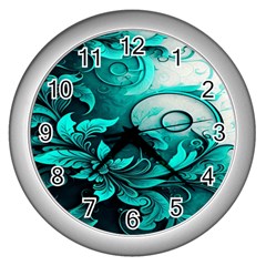 Turquoise Flower Background Wall Clock (Silver)