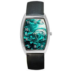 Turquoise Flower Background Barrel Style Metal Watch