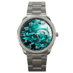 Turquoise Flower Background Sport Metal Watch