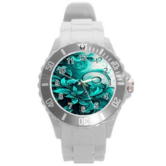 Turquoise Flower Background Round Plastic Sport Watch (L)