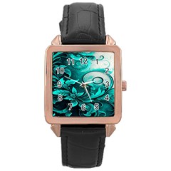 Turquoise Flower Background Rose Gold Leather Watch  by artworkshop