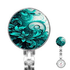 Turquoise Flower Background Stainless Steel Nurses Watch