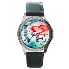 Valentines Day Heart Watercolor Background Round Metal Watch by artworkshop